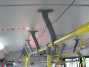  A 'mechanically distributed switch' for stop request (also seen in old buses in Spain), instead of the most extended 'electrically distributed buttons'